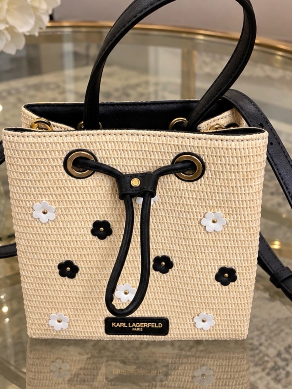 Karl Lagerfeld Cream Raffia tote  Drawstring Bag with Black Trim